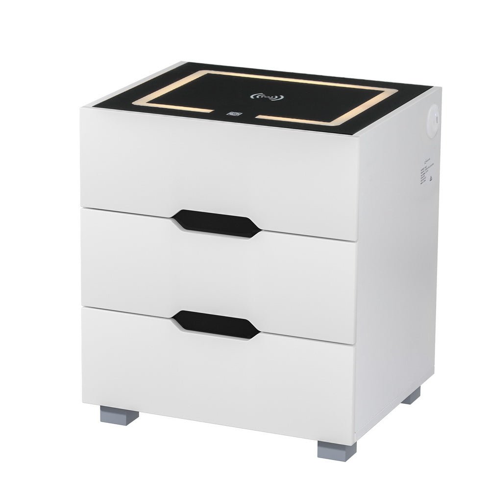 Smart LED 3 Drawer Bedside Table with Wireless Charging White - Furniture > Bedroom - Bedzy Australia