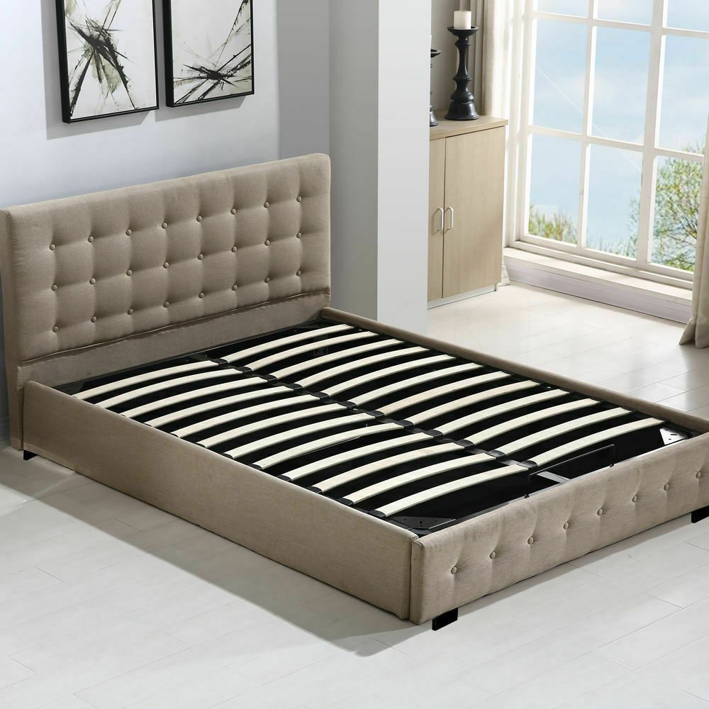 Bendigo Double Size Gas Lift Storage Bed Frame Beige - Bedzy Australia