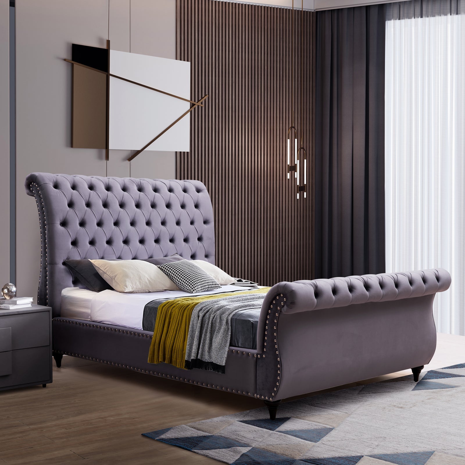 Bedzy Luxe Royal Sleigh King Size Bed Frame - Grey Velvet - Furniture > Bedroom - Bedzy Australia
