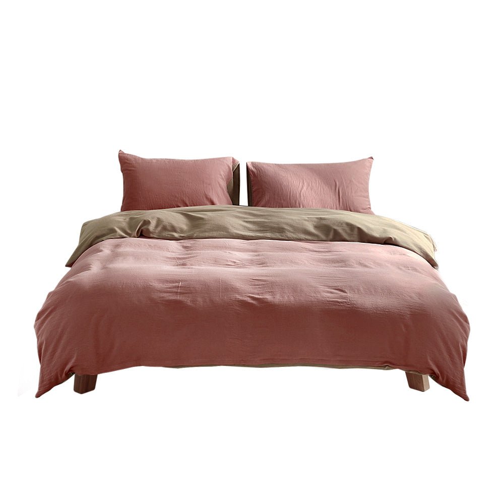 Deluxe Washed Cotton Quilt Set Pink Brown Single - Home & Garden > Bedding - Bedzy Australia