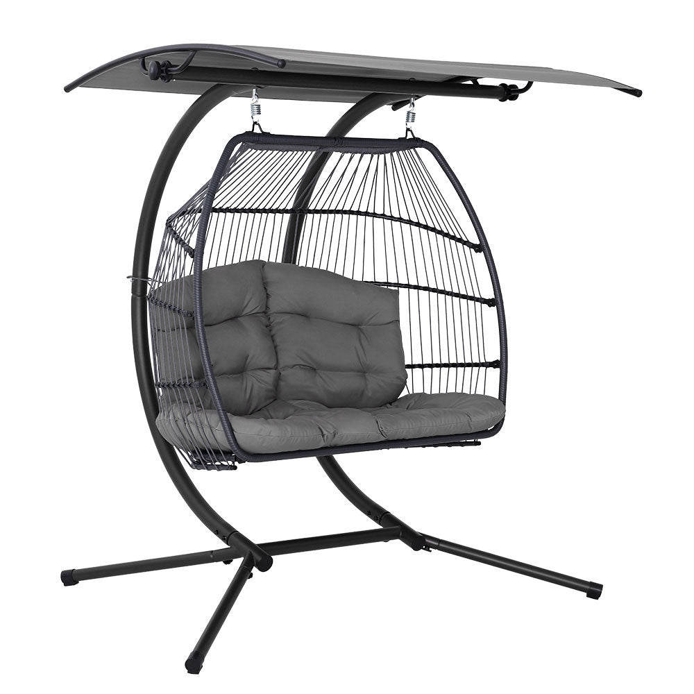 Double Wicker Hanging Swing Chair with Stand Grey - Furniture > Outdoor - Bedzy Australia