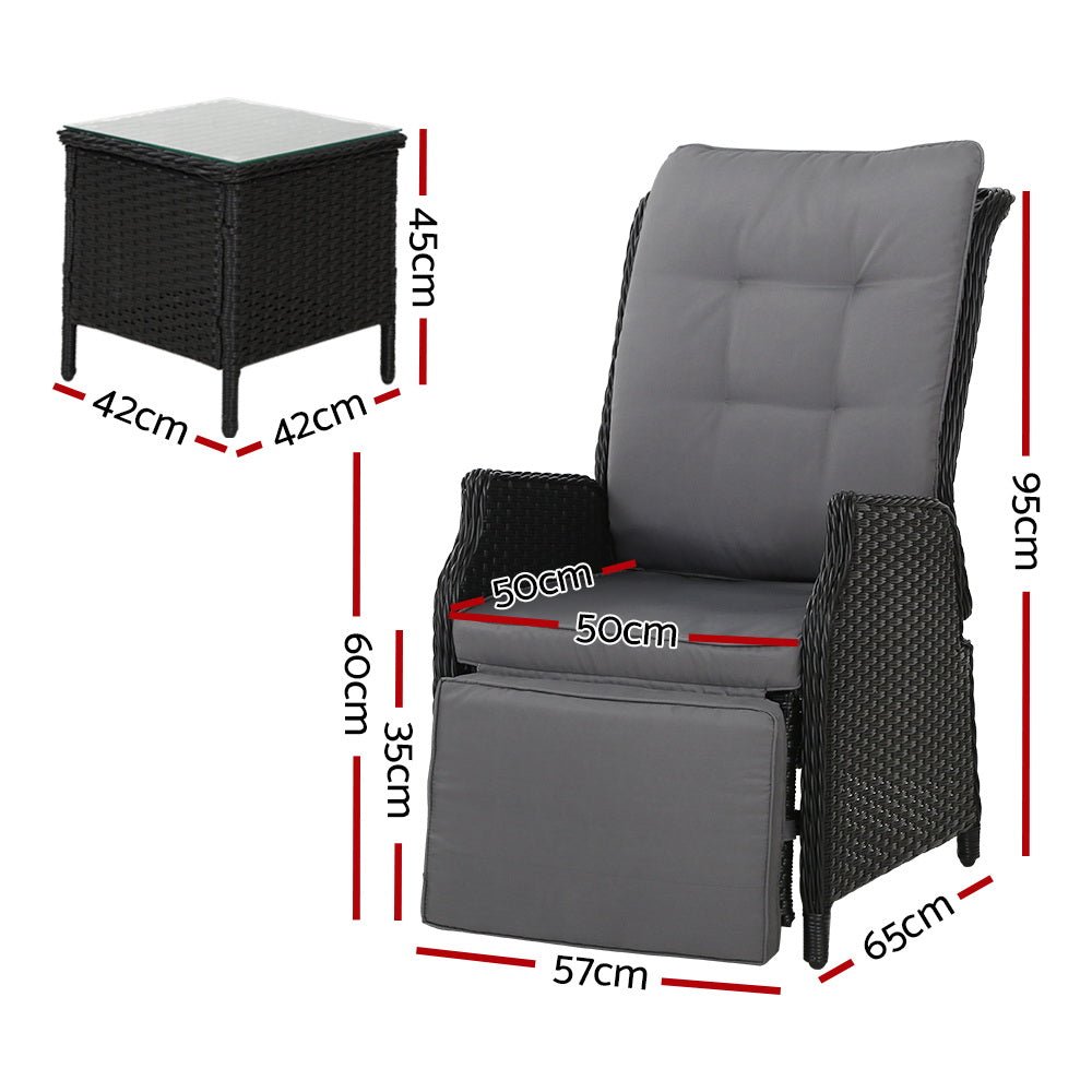 Elara Outdoor Setting Recliner Patio Chairs with Side Table Black - Furniture > Outdoor - Bedzy Australia