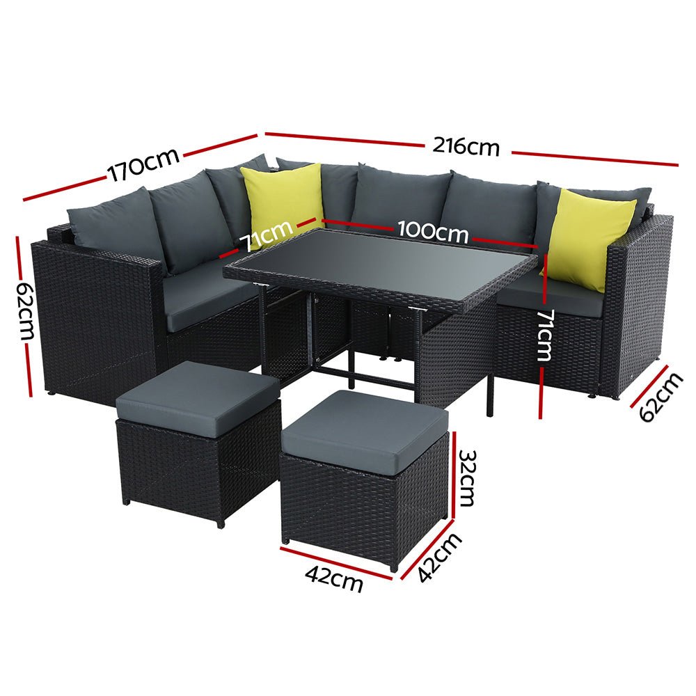 Hamilton 8 Seat Corner Outdoor Dining Setting - Black With Grey Cushions - Furniture > Outdoor - Bedzy Australia