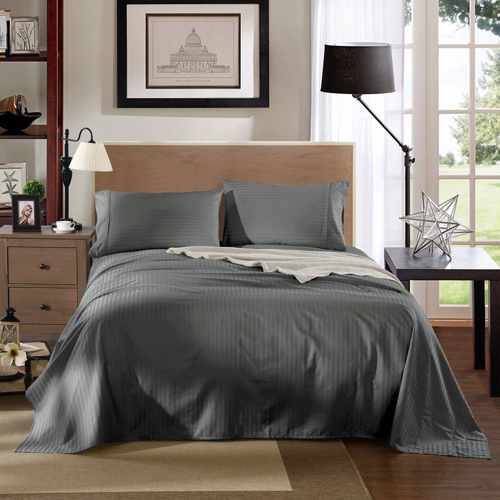 Kensington 1200 Thread Count 100% Egyptian Cotton Sheet Set Stripe Hotel Grade King Charcoal - Bedzy Australia