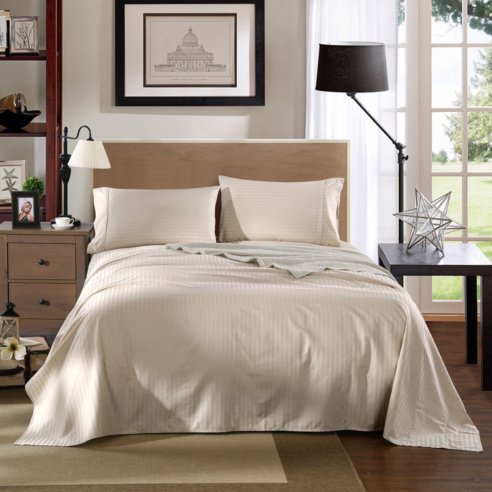 Kensington 1200 Thread Count 100% Egyptian Cotton Sheet Set Stripe Hotel Grade Queen Sand - Bedzy Australia