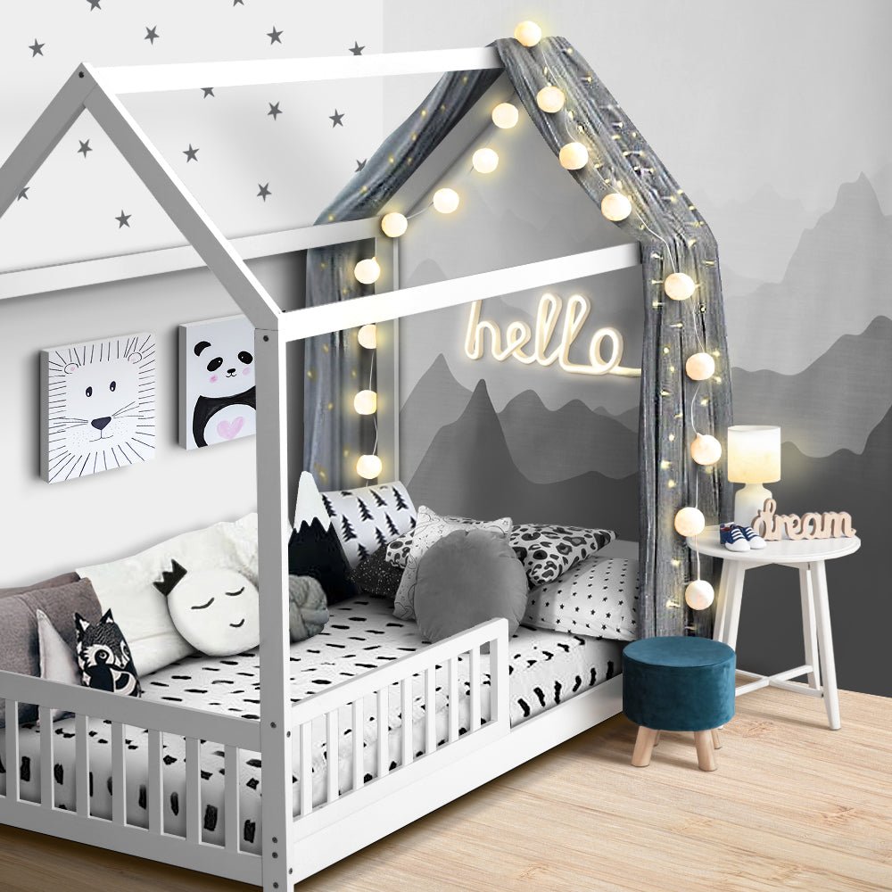 Kids Wooden House Style Single Bed Frame With Side Rails - White - Bedzy Australia