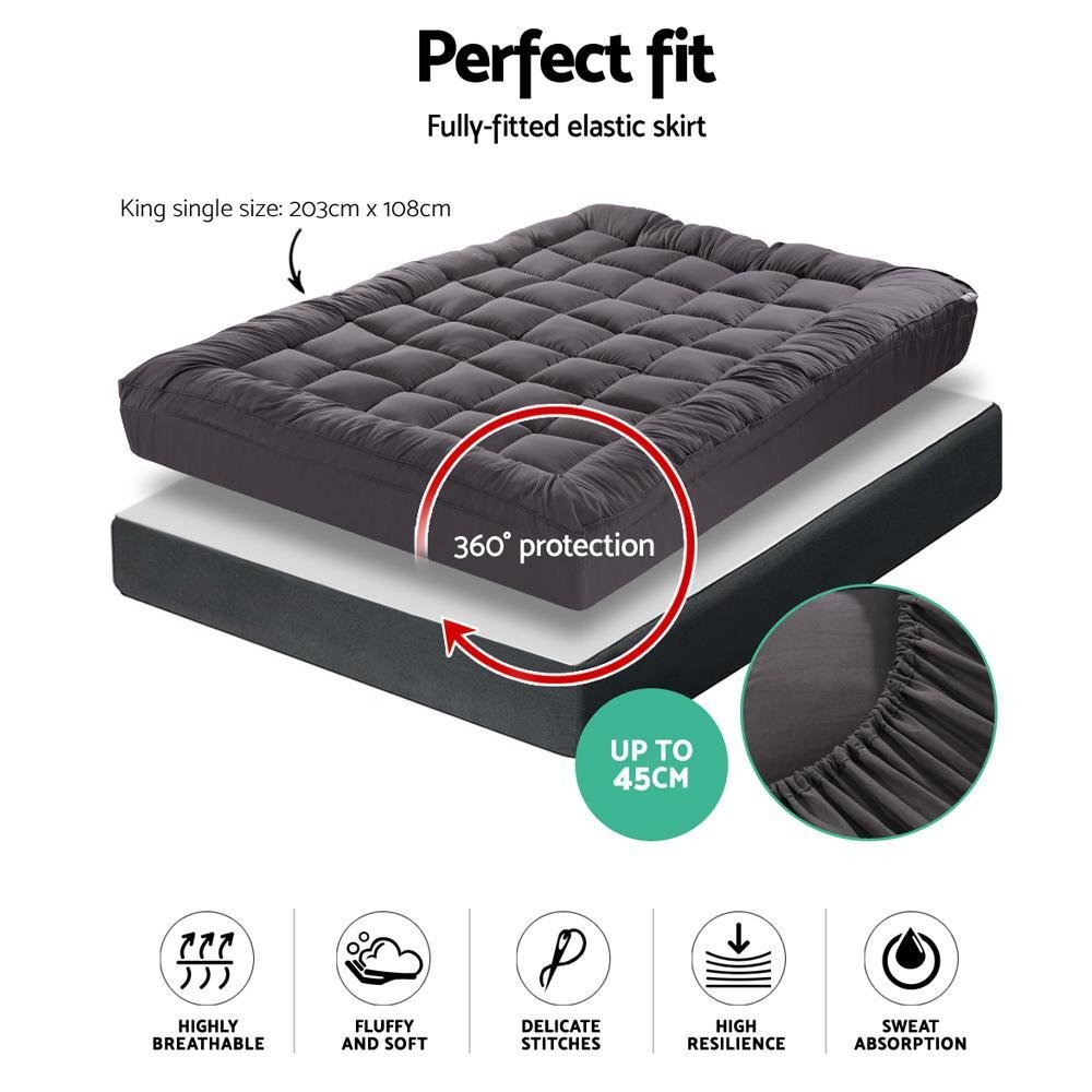 King Single Mattress Topper Pillowtop 1000GSM Charcoal Microfibre Bamboo Fibre Filling Protector - Bedzy Australia