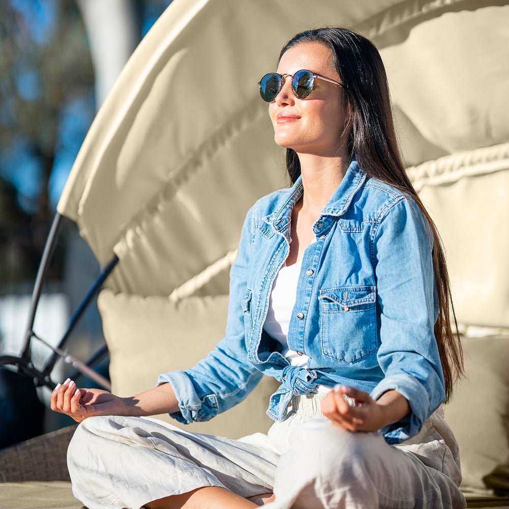 3 Piece Round Wicker Day Bed Lounge With Canopy - Beige - Furniture > Outdoor - Bedzy Australia