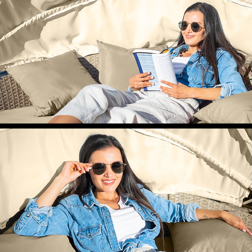 3 Piece Round Wicker Day Bed Lounge With Canopy - Beige - Furniture > Outdoor - Bedzy Australia