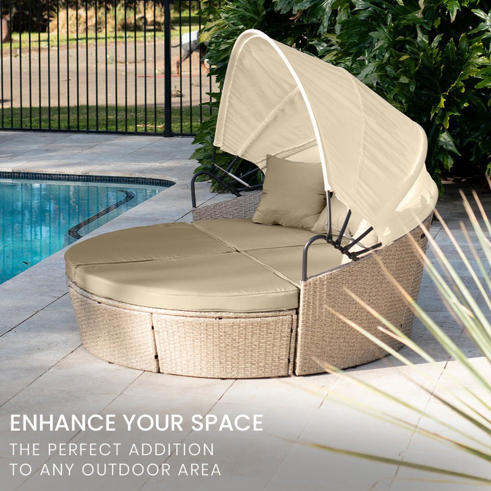 3 Piece Round Wicker Day Bed Lounge With Canopy - Beige - Furniture > Outdoor - Bedzy Australia