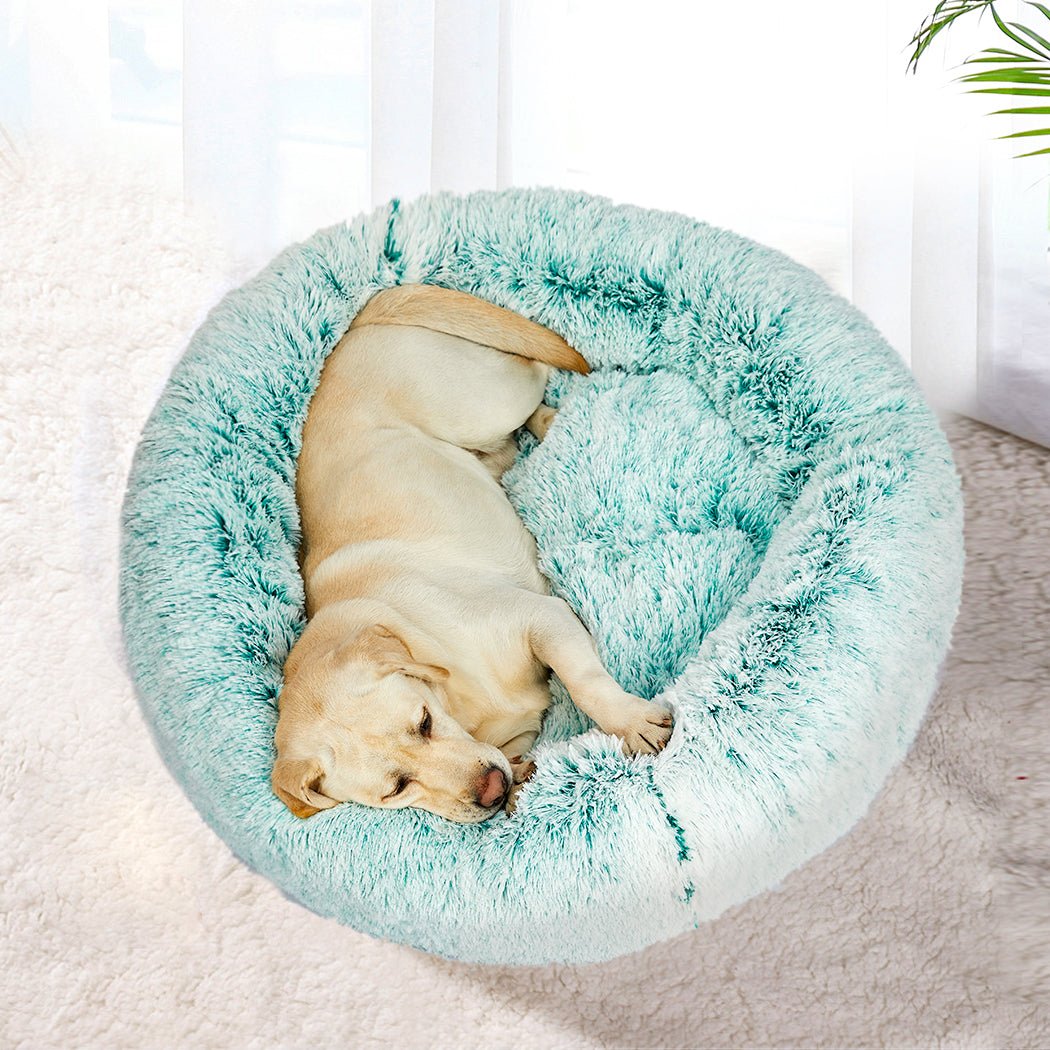 Pet Bed Cat Dog Donut Nest Calming Mat Soft Plush Kennel Teal M - Bedzy Australia