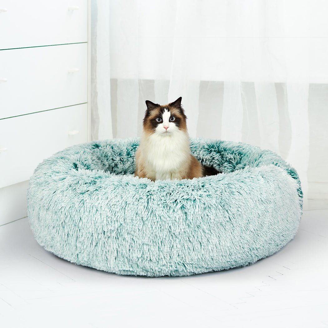 Pet Bed Cat Dog Donut Nest Calming Mat Soft Plush Kennel Teal M - Bedzy Australia