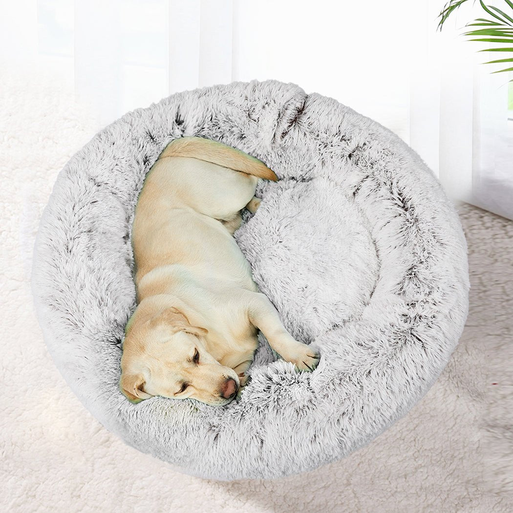 Pet Bed Cat Dog Donut Nest Calming Mat Soft Plush Kennel White with Coffee Hint M - Bedzy Australia