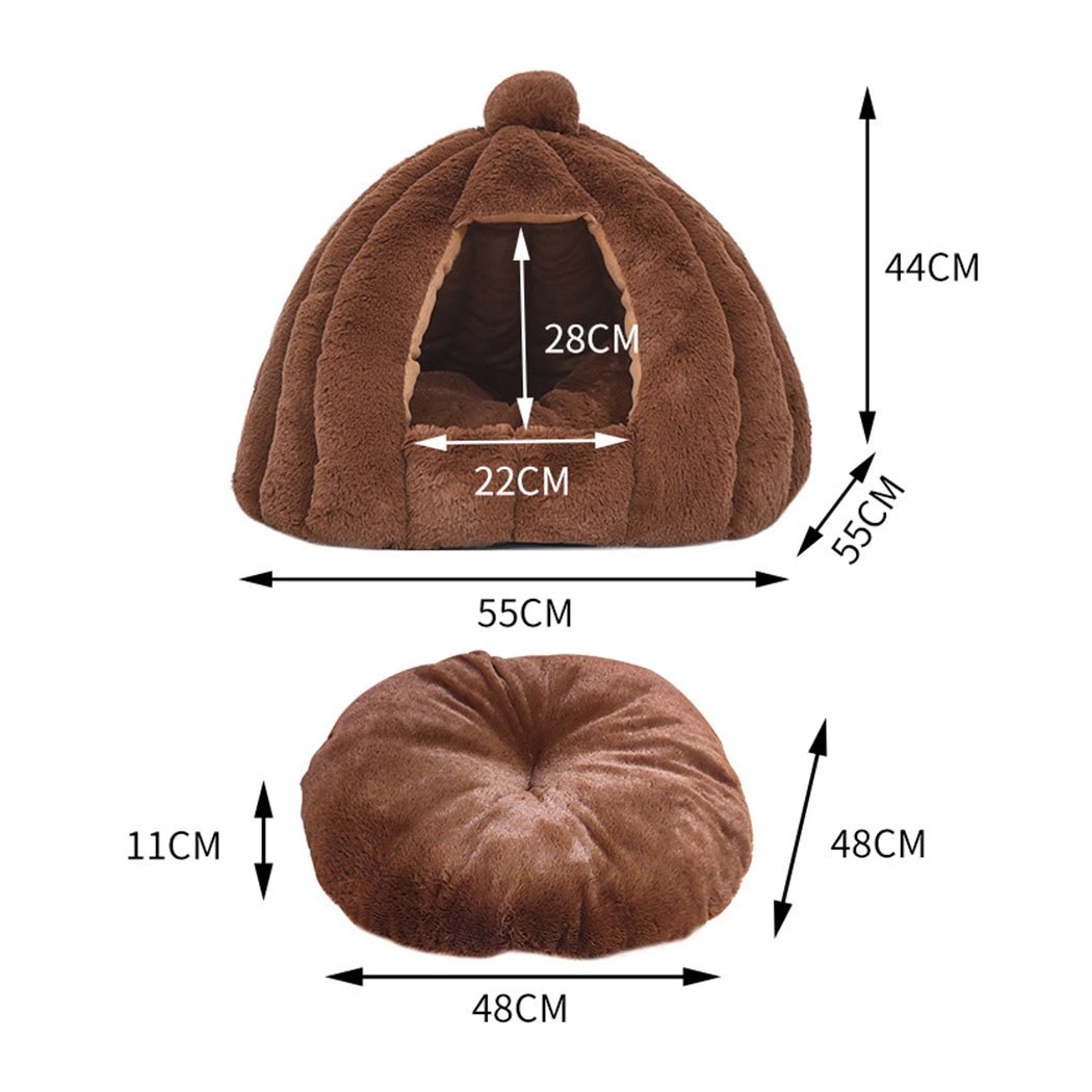 Pet Bed Comfy Kennel Cave Cat Dog Beds Bedding Castle Igloo Nest Brown L - Bedzy Australia
