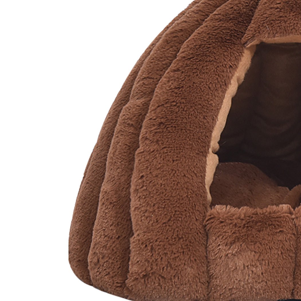 Pet Bed Comfy Kennel Cave Cat Dog Beds Bedding Castle Igloo Nest Brown M - Bedzy Australia