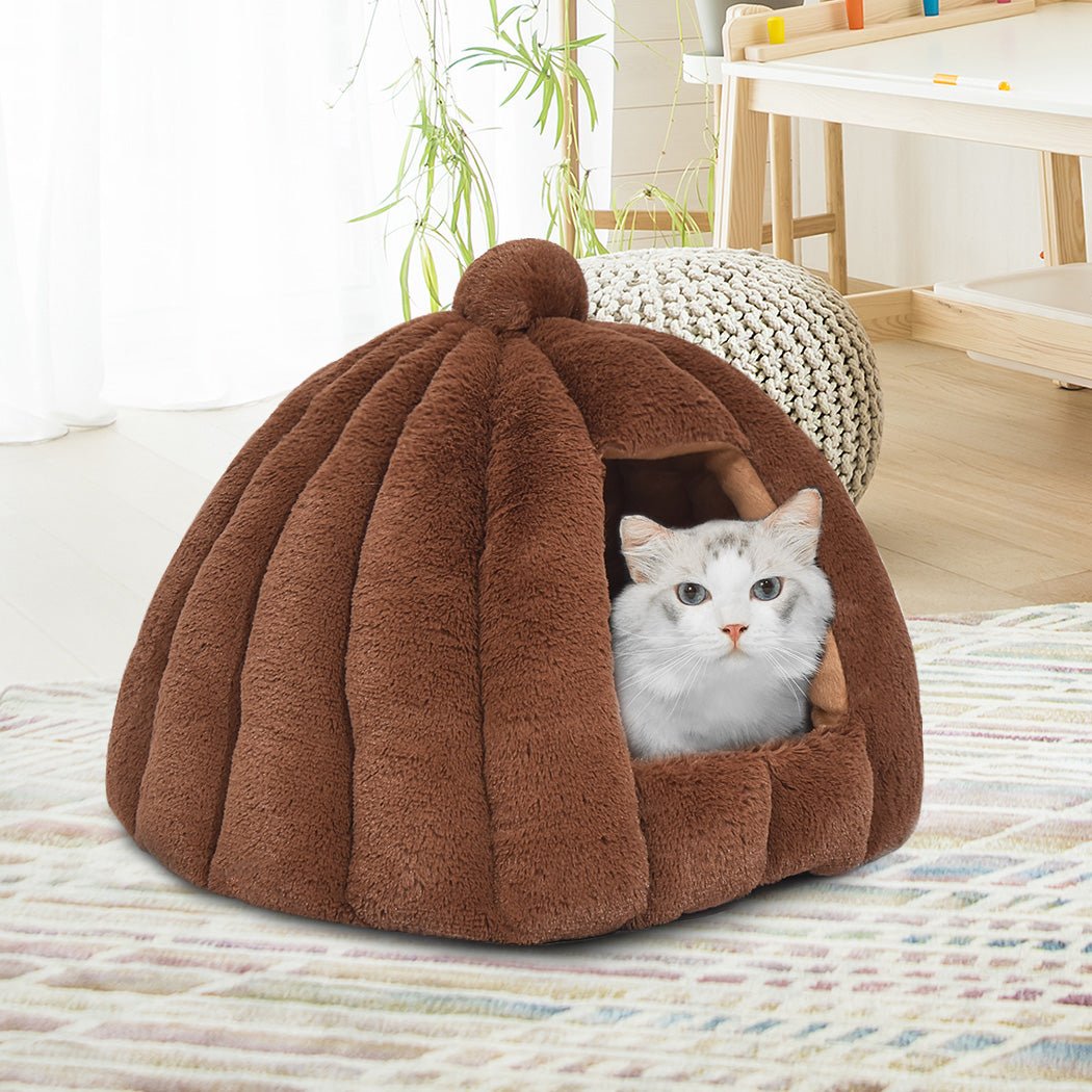 Pet Bed Comfy Kennel Cave Cat Dog Beds Bedding Castle Igloo Nest Brown M - Bedzy Australia