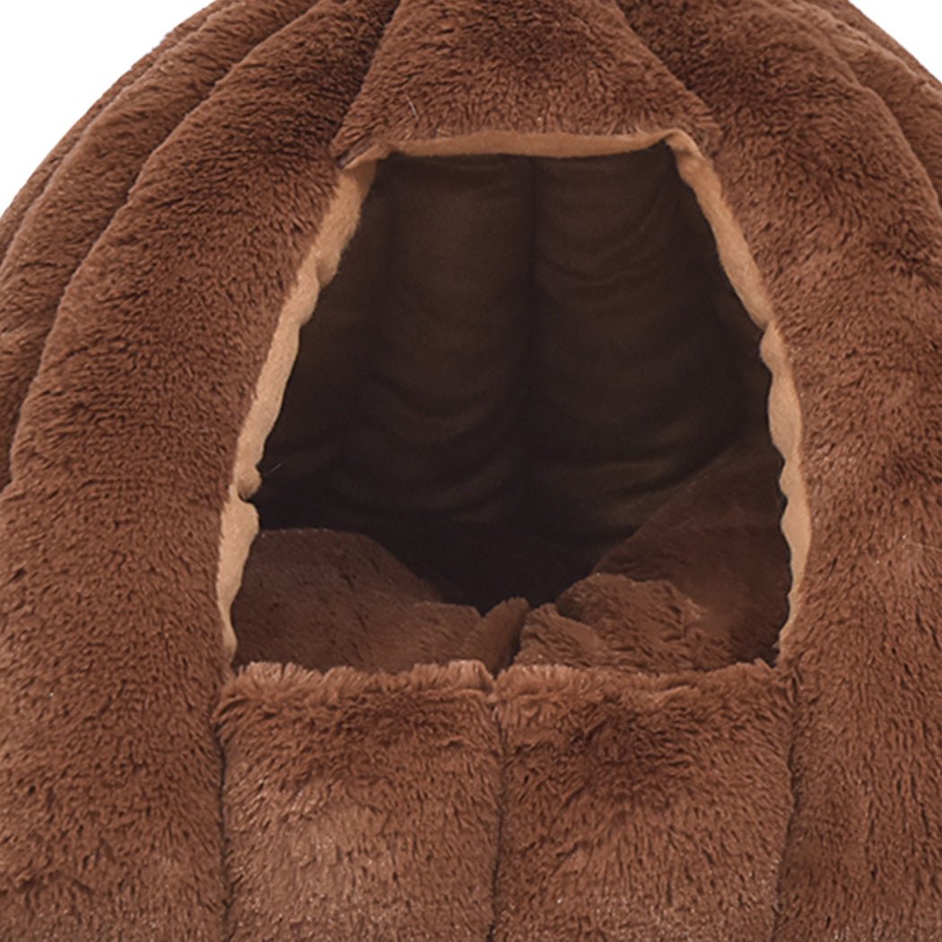 Pet Bed Comfy Kennel Cave Cat Dog Beds Bedding Castle Igloo Nest Brown M - Bedzy Australia