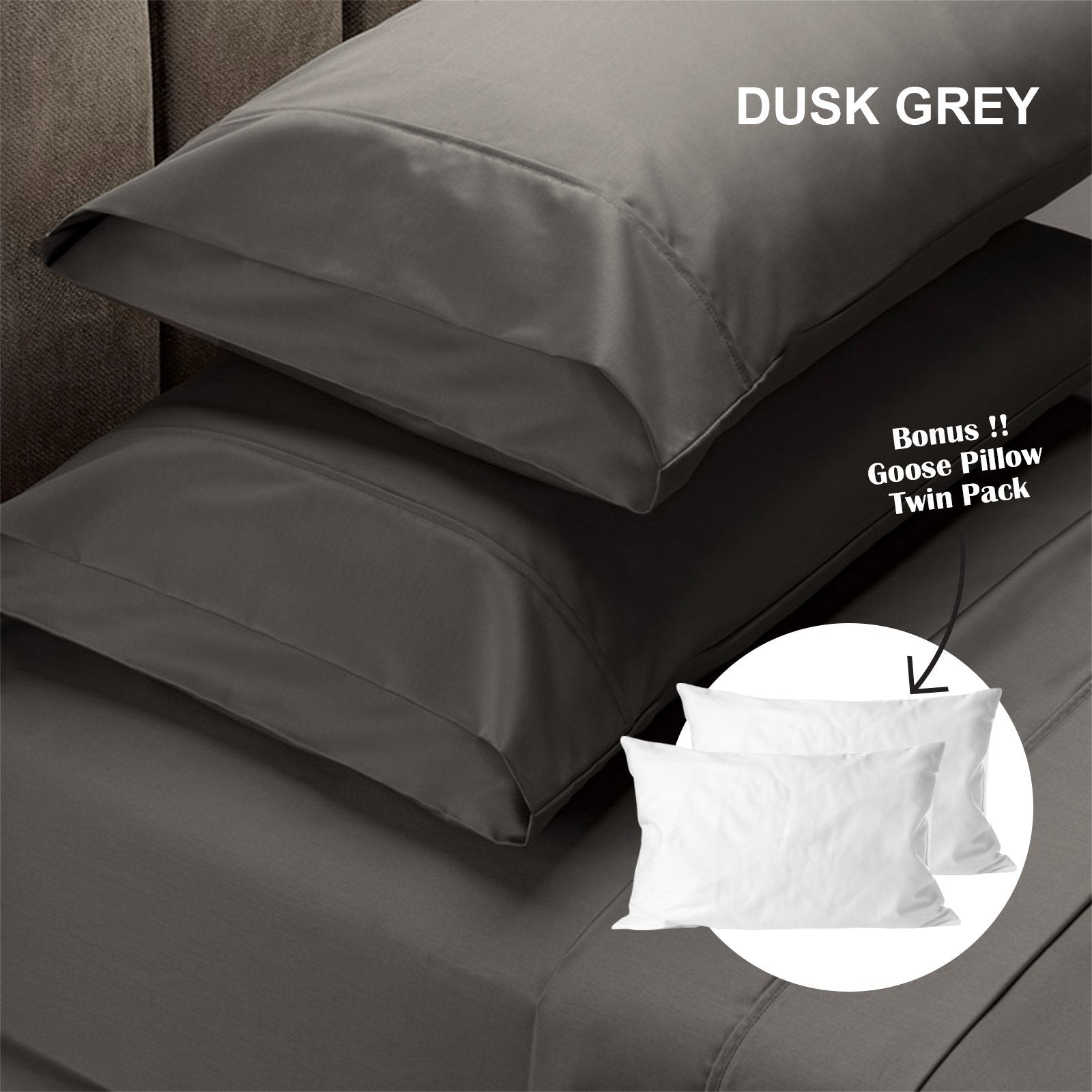 Royal Comfort 4 Piece 1500TC Sheet Set And Goose Feather Down Pillows 2 Pack Set King Dusk Grey - Bedzy Australia