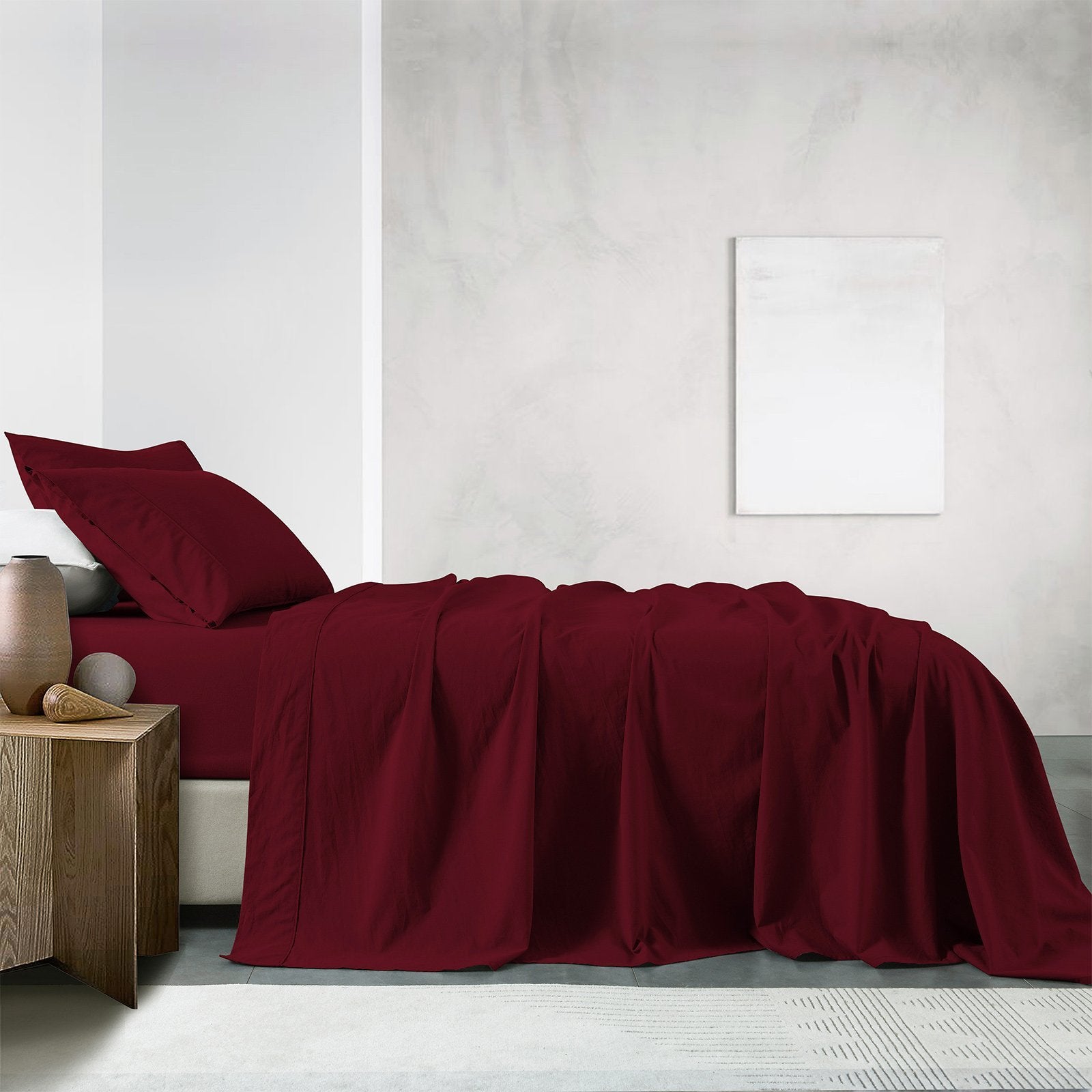 Royal Comfort Vintage Washed 100% Cotton Sheet Set Fitted Flat Sheet Pillowcases Double Mulled Wine - Bedzy Australia