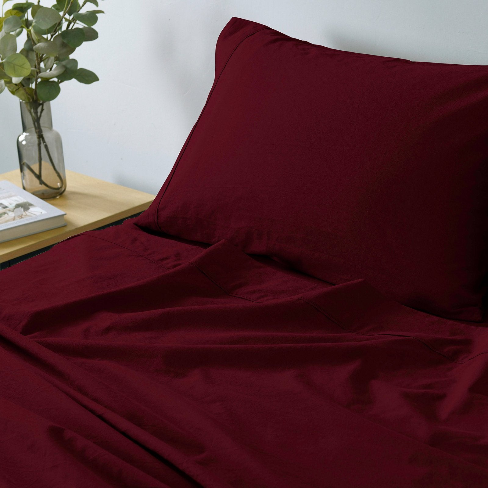 Royal Comfort Vintage Washed 100% Cotton Sheet Set Fitted Flat Sheet Pillowcases Single Mulled Wine - Bedzy Australia