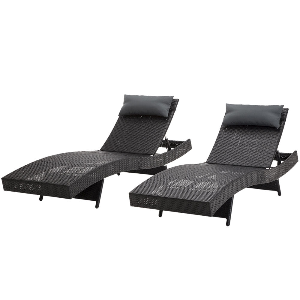 Set of 2 Wicker Outdoor Sun Loungers Black - Furniture > Outdoor - Bedzy Australia