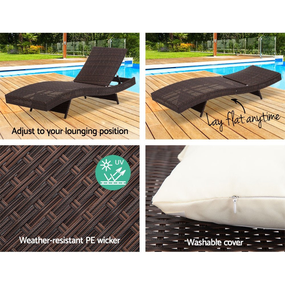 Set of 2 Wicker Outdoor Sun Loungers Brown - Furniture > Outdoor - Bedzy Australia