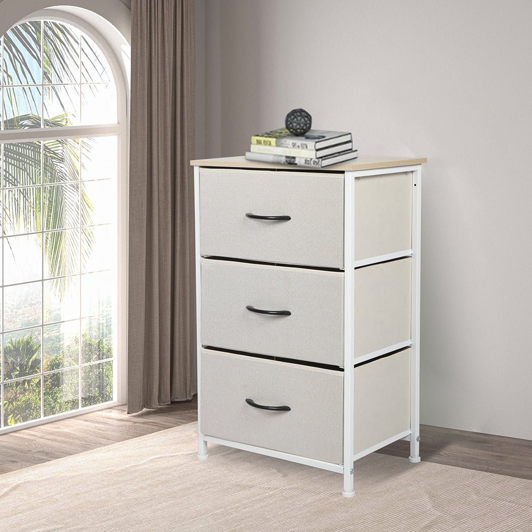 Stylish Bedside Table with 3 Removable Beige Fabric Drawers - Furniture - Bedzy Australia