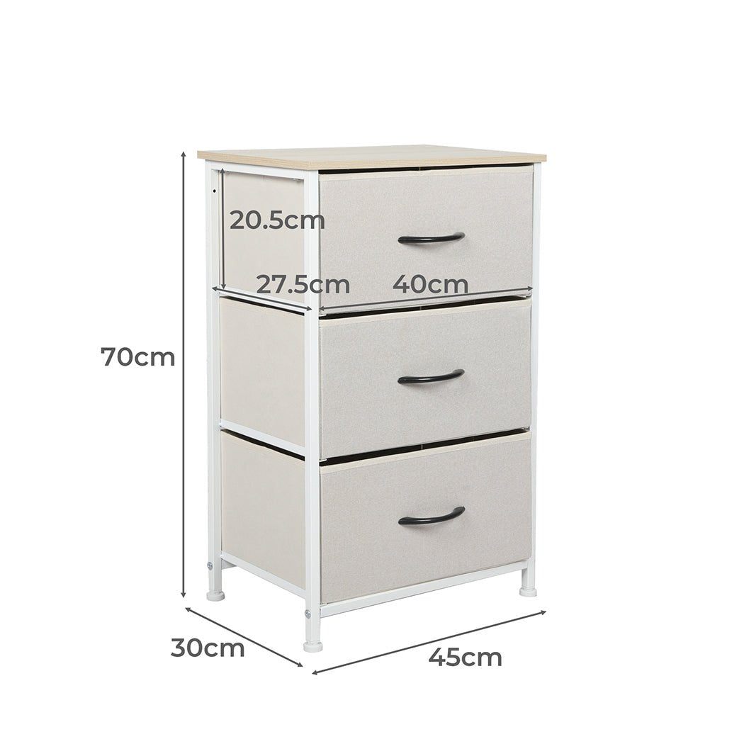 Stylish Bedside Table with 3 Removable Beige Fabric Drawers - Furniture - Bedzy Australia