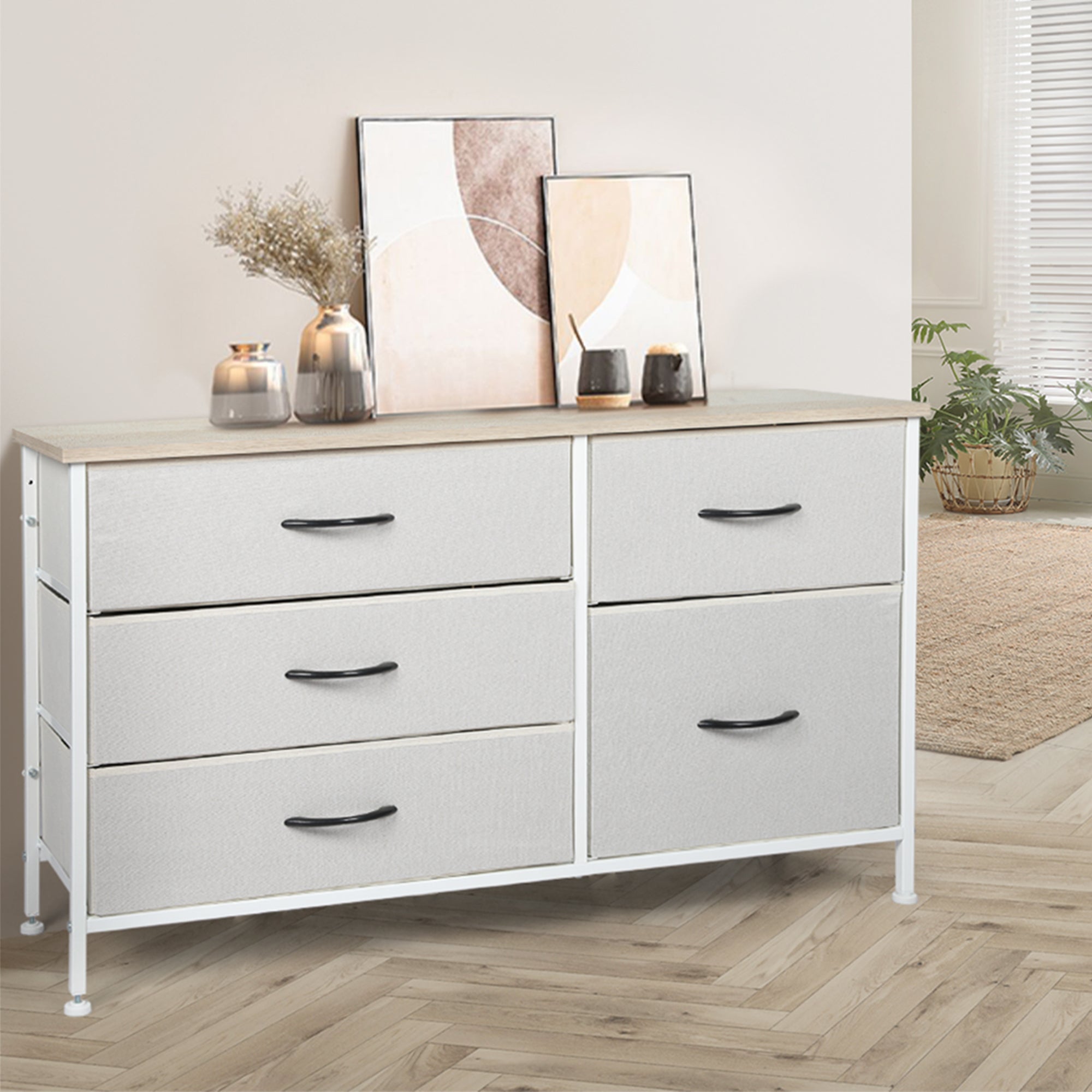 Stylish Grey Storage Cabinet Lowboy with 5 Drawers - Beige - Furniture - Bedzy Australia