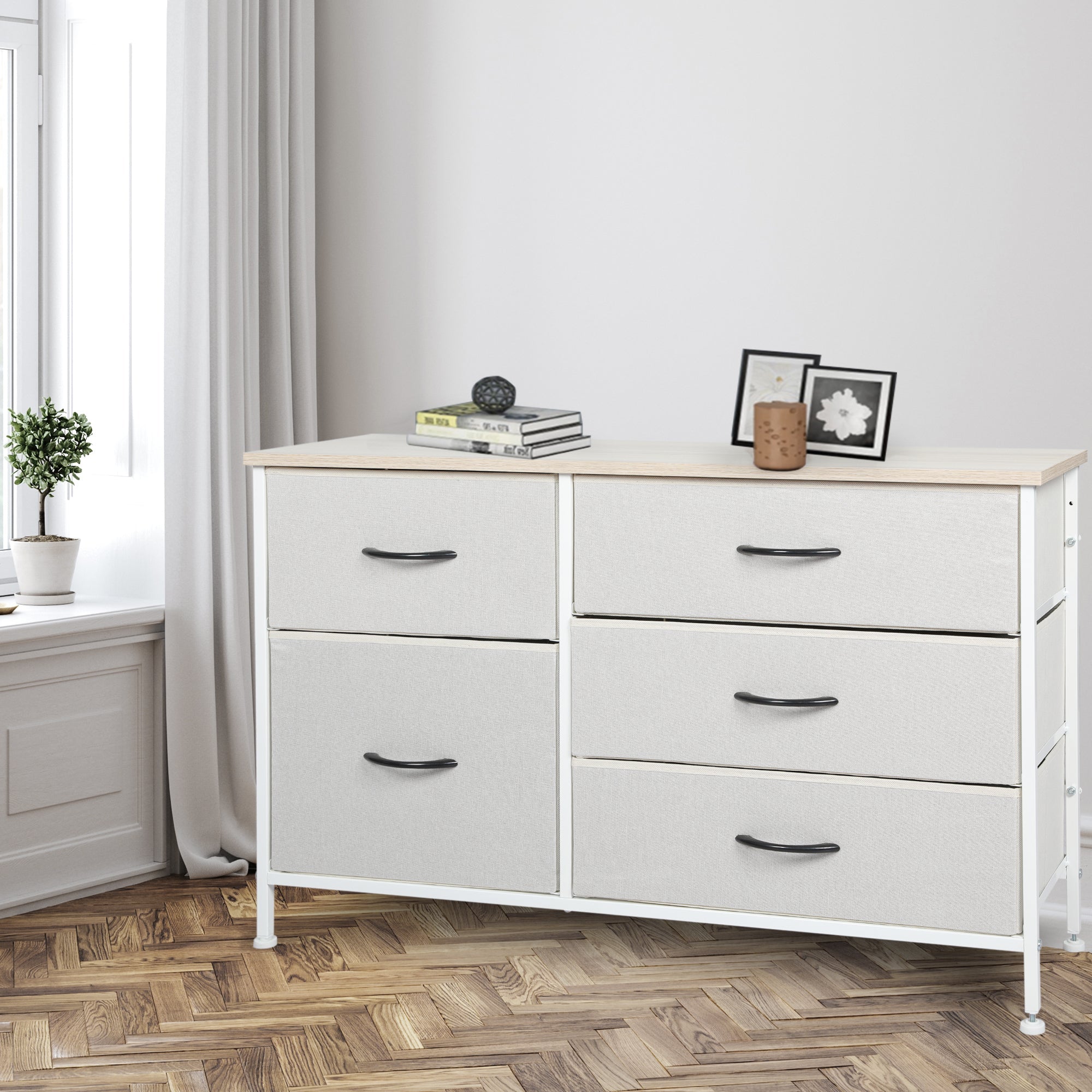 Stylish Grey Storage Cabinet Lowboy with 5 Drawers - Beige - Furniture - Bedzy Australia