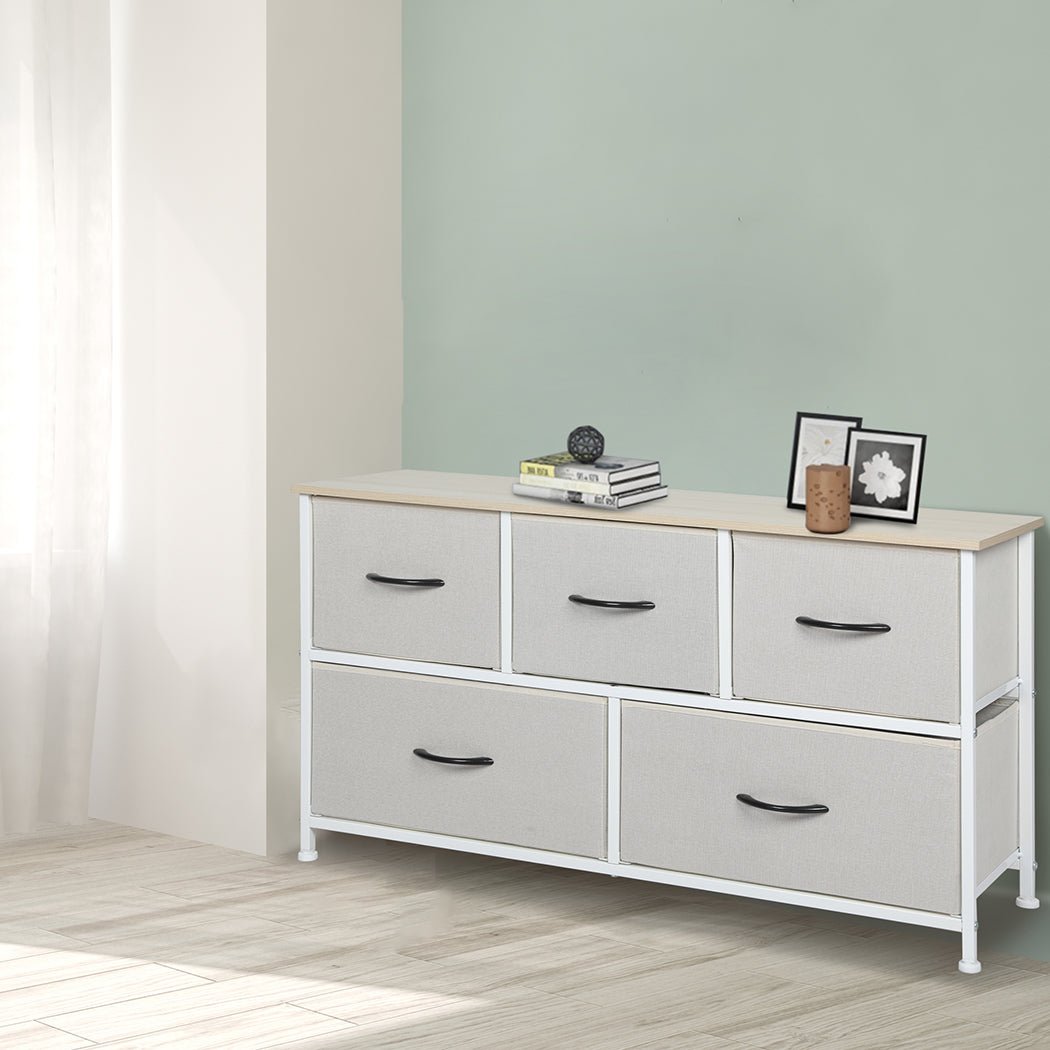 Stylish Grey Storage Cabinet Lowboy with 5 Drawers - Beige - Furniture - Bedzy Australia