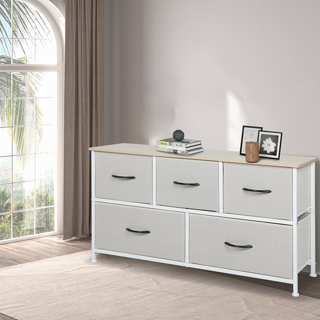 Stylish Grey Storage Cabinet Lowboy with 5 Drawers - Beige - Furniture - Bedzy Australia