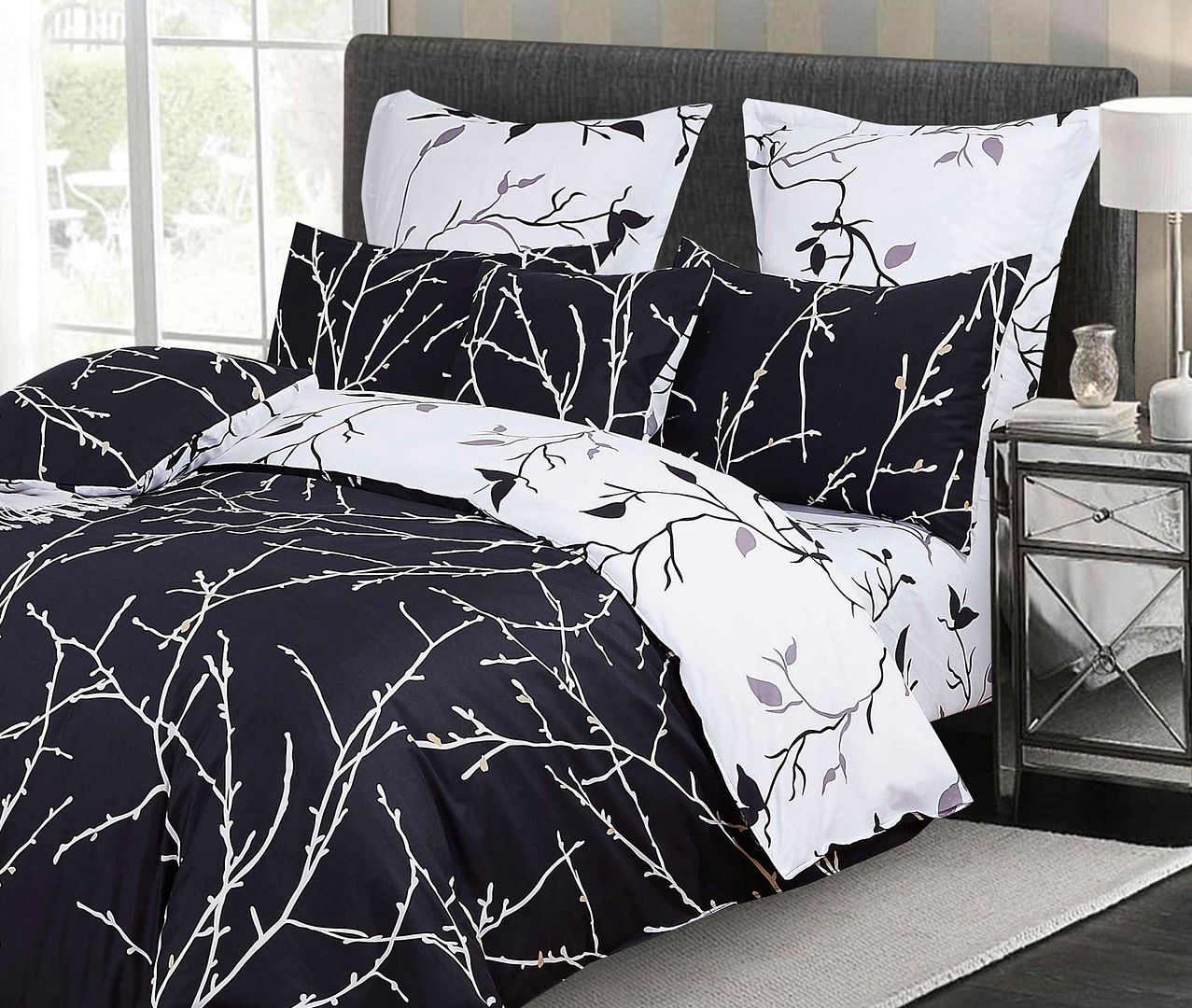 Tree Reversible Double Size Quilt/Doona/Duvet Cover Set - Black - Home & Garden > Bedding - Bedzy Australia