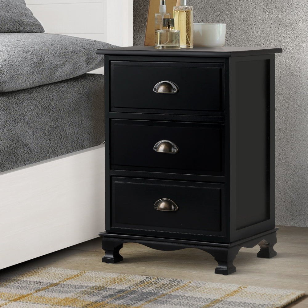 Vintage Bedside Table 3 Drawers Black - Bedzy Australia