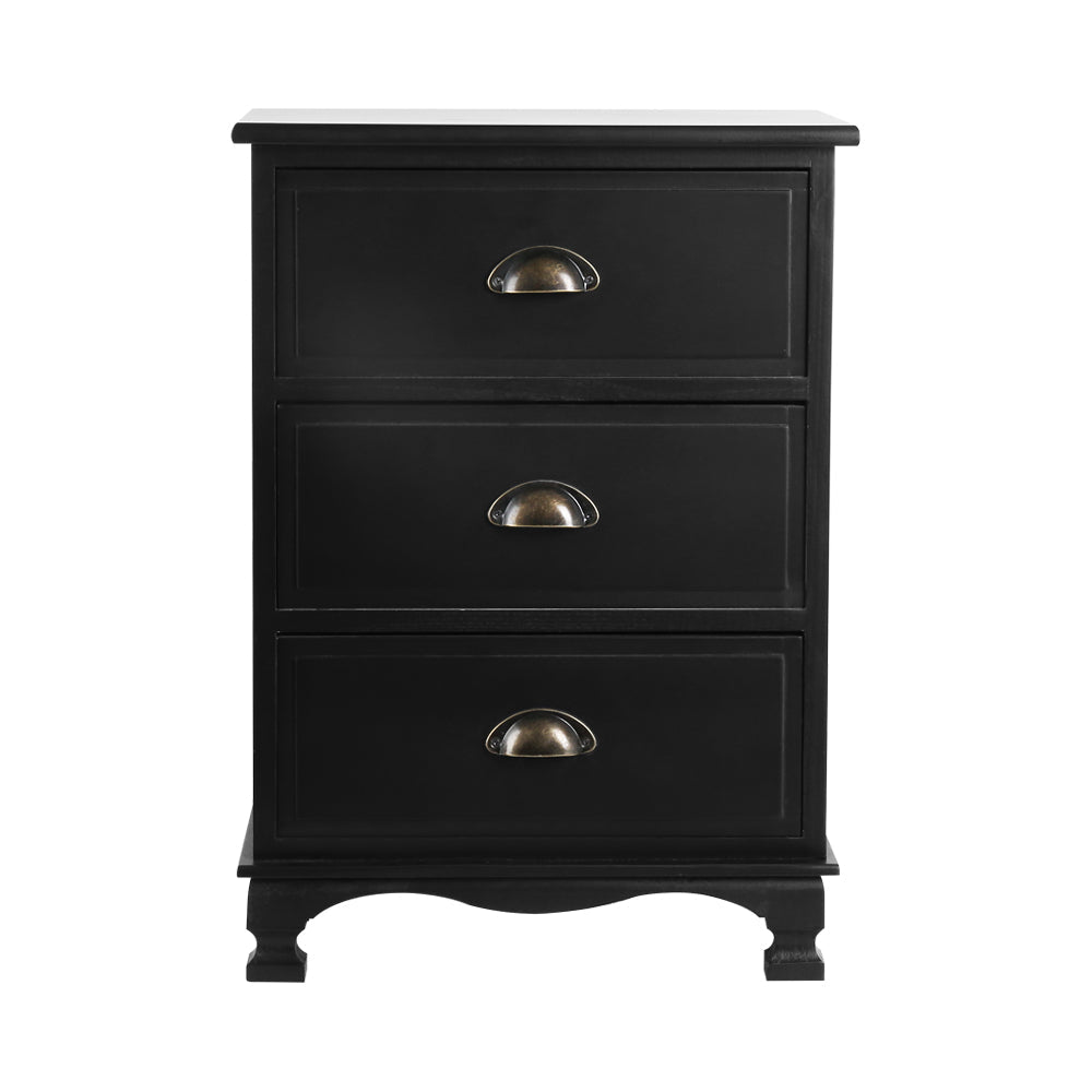 Vintage Bedside Table 3 Drawers Black - Bedzy Australia