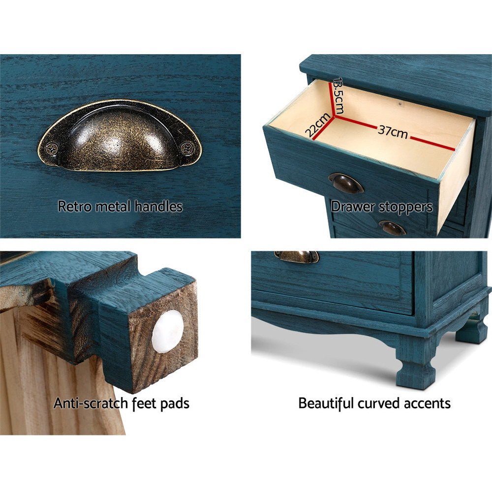 Vintage Bedside Table 3 Drawers Blue - Bedzy Australia