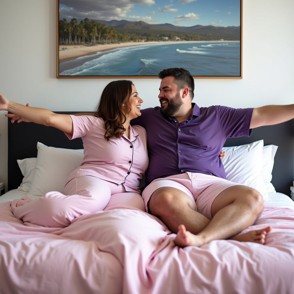 Plus-size couple sitting joyfully on a king-size bed, smiling at each other with arms open wide, showcasing comfort and togetherness on a supportive Bedzy mattress.
