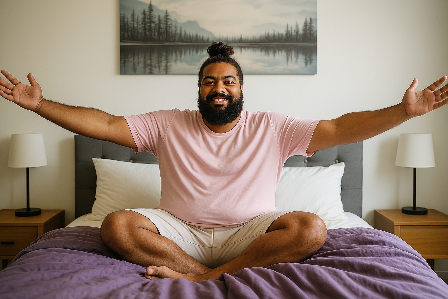Plus-size man smiling and sitting cross-legged on a bed with supportive mattress, symbolising comfort and confidence for heavier individuals.