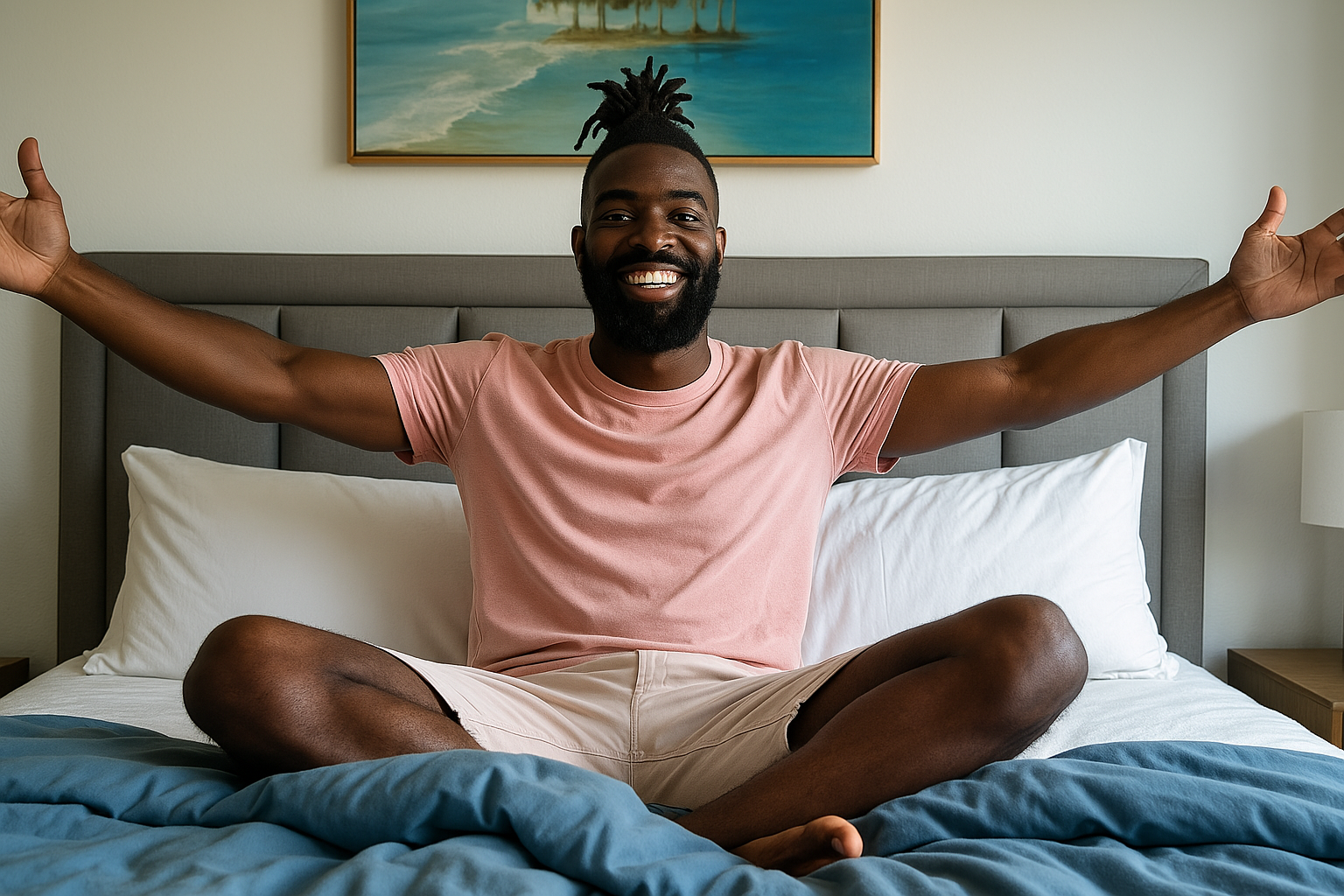 Smiling Black man sitting cross-legged on a bed from Bedzy with arms open, wearing a pink shirt and beige shorts, in a bright bedroom with a tropical painting above the headboard.