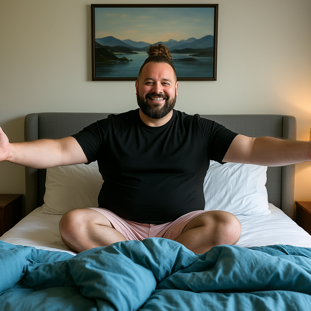 Happy plus-size man sitting cross-legged on a Bedzy bed with arms open wide, wearing a black t-shirt and pink shorts, in a warmly lit bedroom with a mountain lake painting above the headboard.