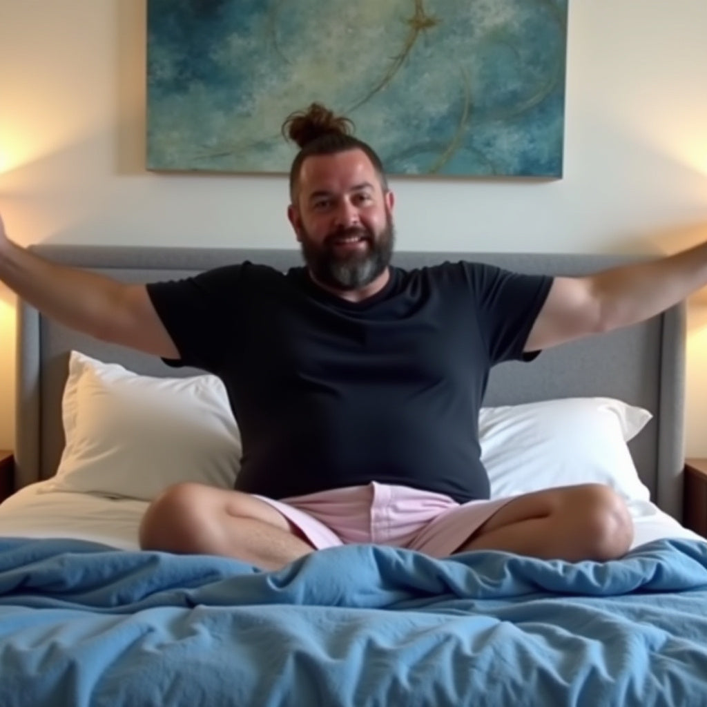 Smiling plus-size man sitting cross-legged on a bed with arms open wide, wearing a black shirt and pink shorts in a warmly lit bedroom, showcasing Bedzy mattress comfort and support.