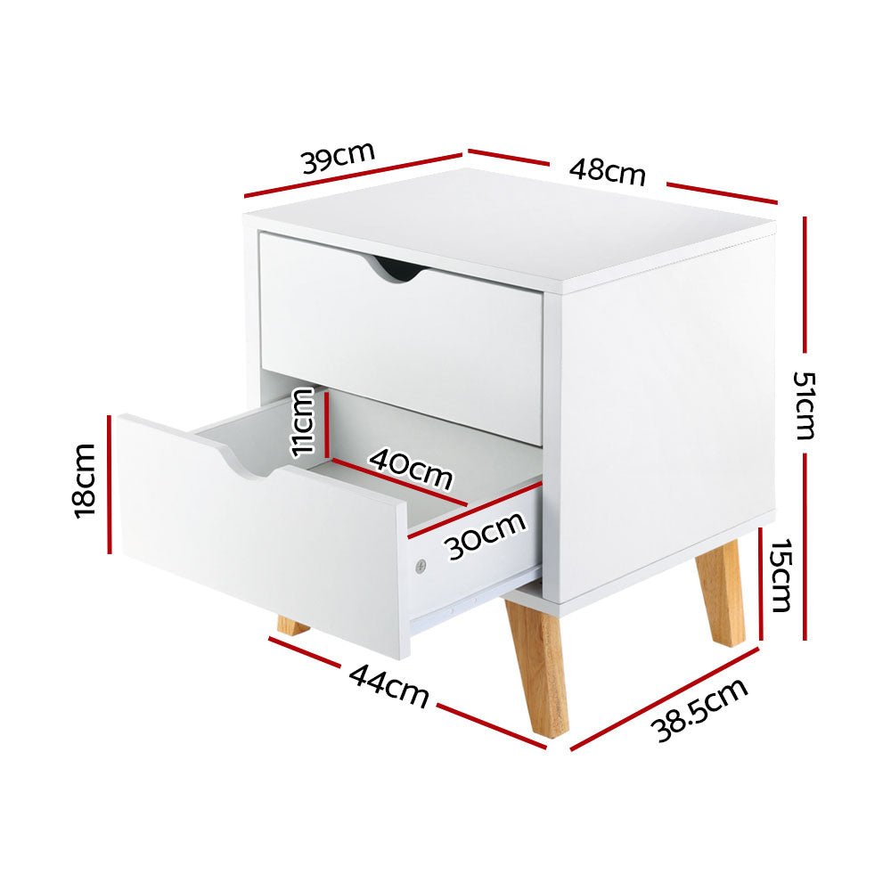 2 Drawer Wooden Bedside Table - White - Bedzy Australia