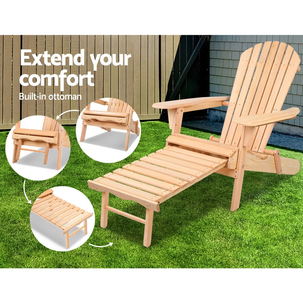2PC Adirondack Outdoor Chairs Wooden Sun Lounge Patio Furniture Garden Natural - Furniture > Outdoor - Bedzy Australia