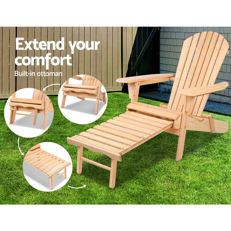 2PC Adirondack Outdoor Chairs Wooden Sun Lounge Patio Furniture Garden Natural - Furniture > Outdoor - Bedzy Australia