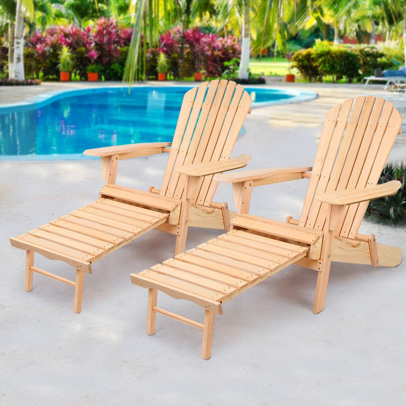 2PC Adirondack Outdoor Chairs Wooden Sun Lounge Patio Furniture Garden Natural - Furniture > Outdoor - Bedzy Australia
