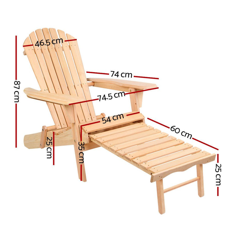 2PC Adirondack Outdoor Chairs Wooden Sun Lounge Patio Furniture Garden Natural - Furniture > Outdoor - Bedzy Australia