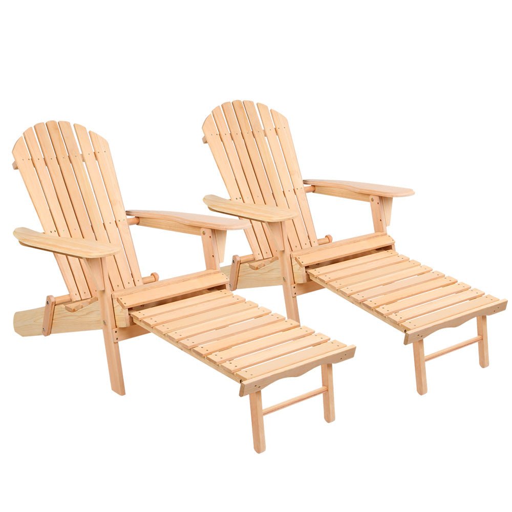 2PC Adirondack Outdoor Chairs Wooden Sun Lounge Patio Furniture Garden Natural - Furniture > Outdoor - Bedzy Australia