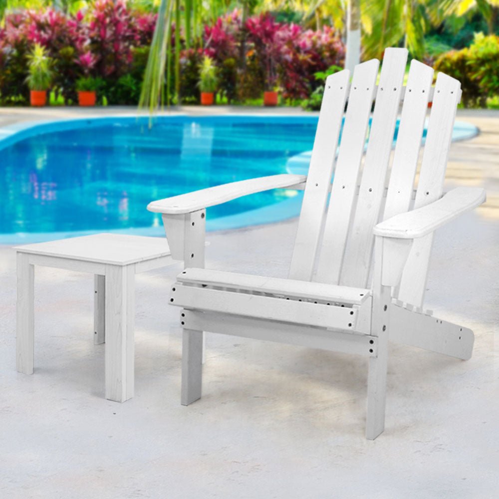 2PC Adirondack Outdoor Table and Chair Wooden Beach Chair Patio Furniture White - Furniture > Outdoor - Bedzy Australia