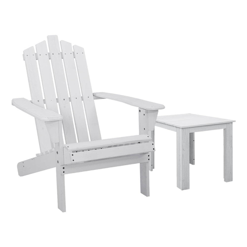 2PC Adirondack Outdoor Table and Chair Wooden Beach Chair Patio Furniture White - Furniture > Outdoor - Bedzy Australia