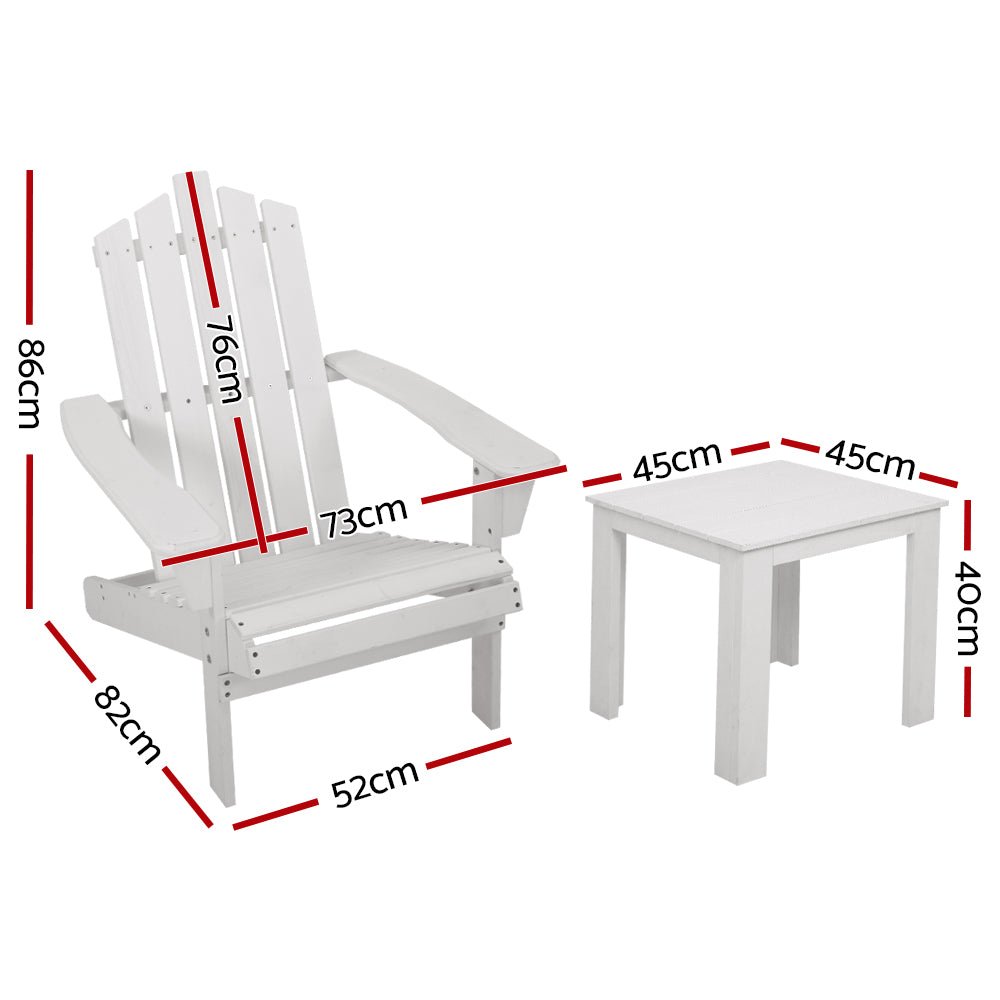 2PC Adirondack Outdoor Table and Chair Wooden Beach Chair Patio Furniture White - Furniture > Outdoor - Bedzy Australia